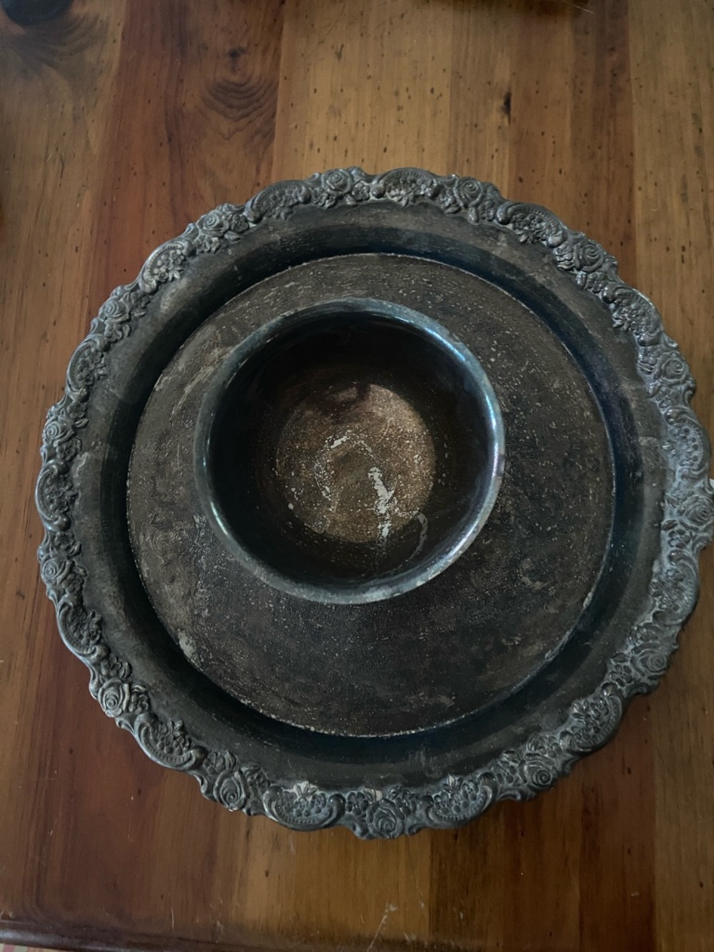 Ornate Round Silver Plate Serving Tray with Center Bowl for Dip, Vintage